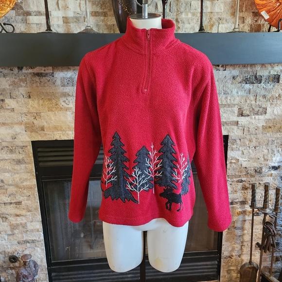 Mandal Bay Red "Moose Among The Trees" Fleece 1/4 Zip Long Sleeve Pullover Sz M - Picture 3 of 7